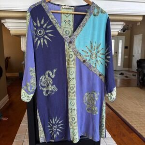 Soft Surroundings blue and purple tunic with gold sun and snake motifs gauze